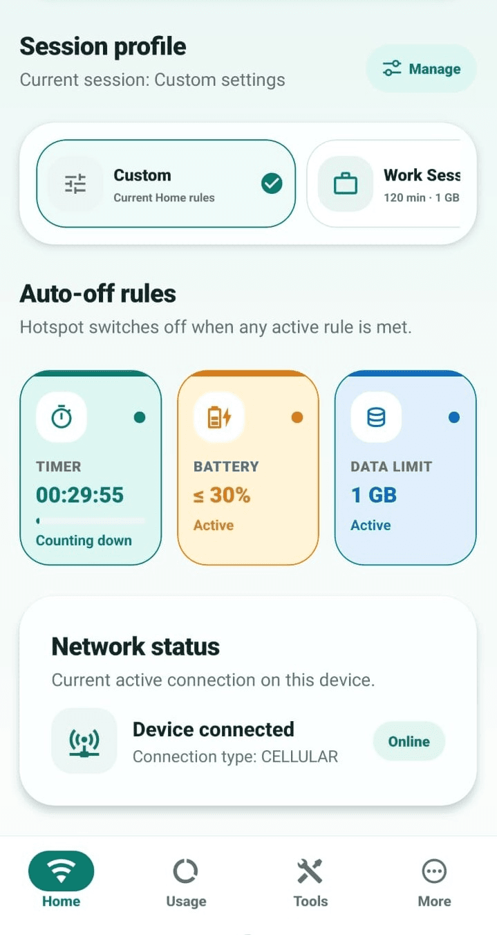 A real Hotspot Manager session with timer, usage, and session controls.