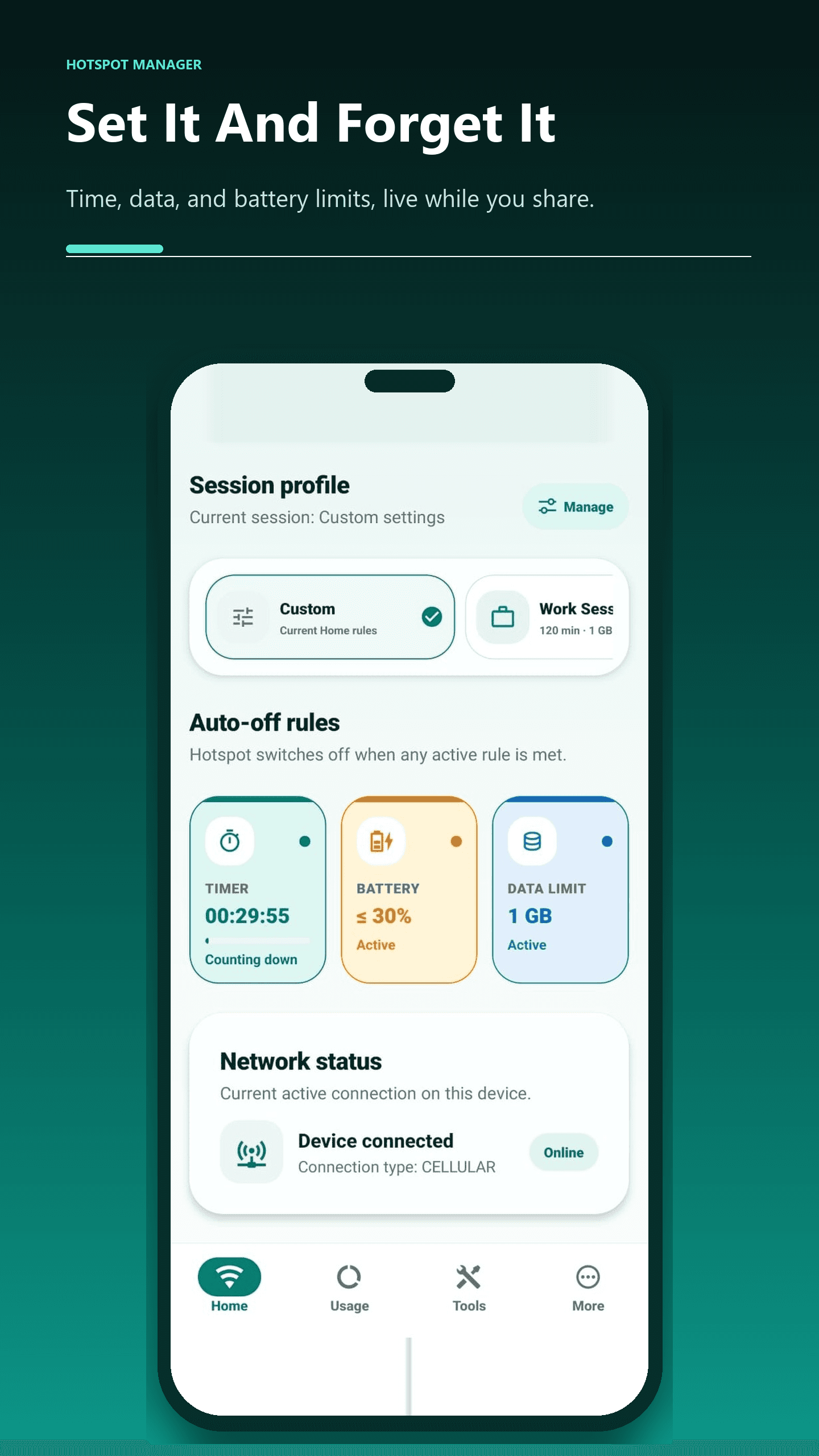 A Hotspot Manager live session showing the timer and session controls.