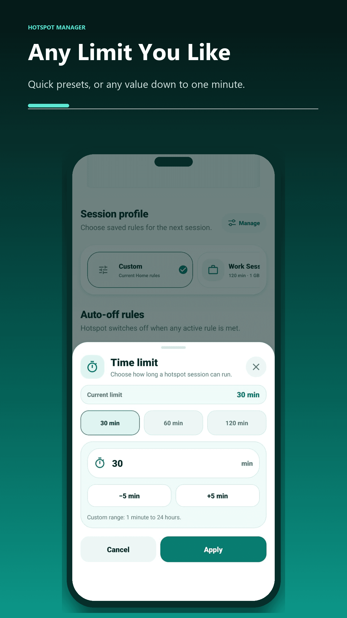 The session time limit settings in Hotspot Manager for Android.