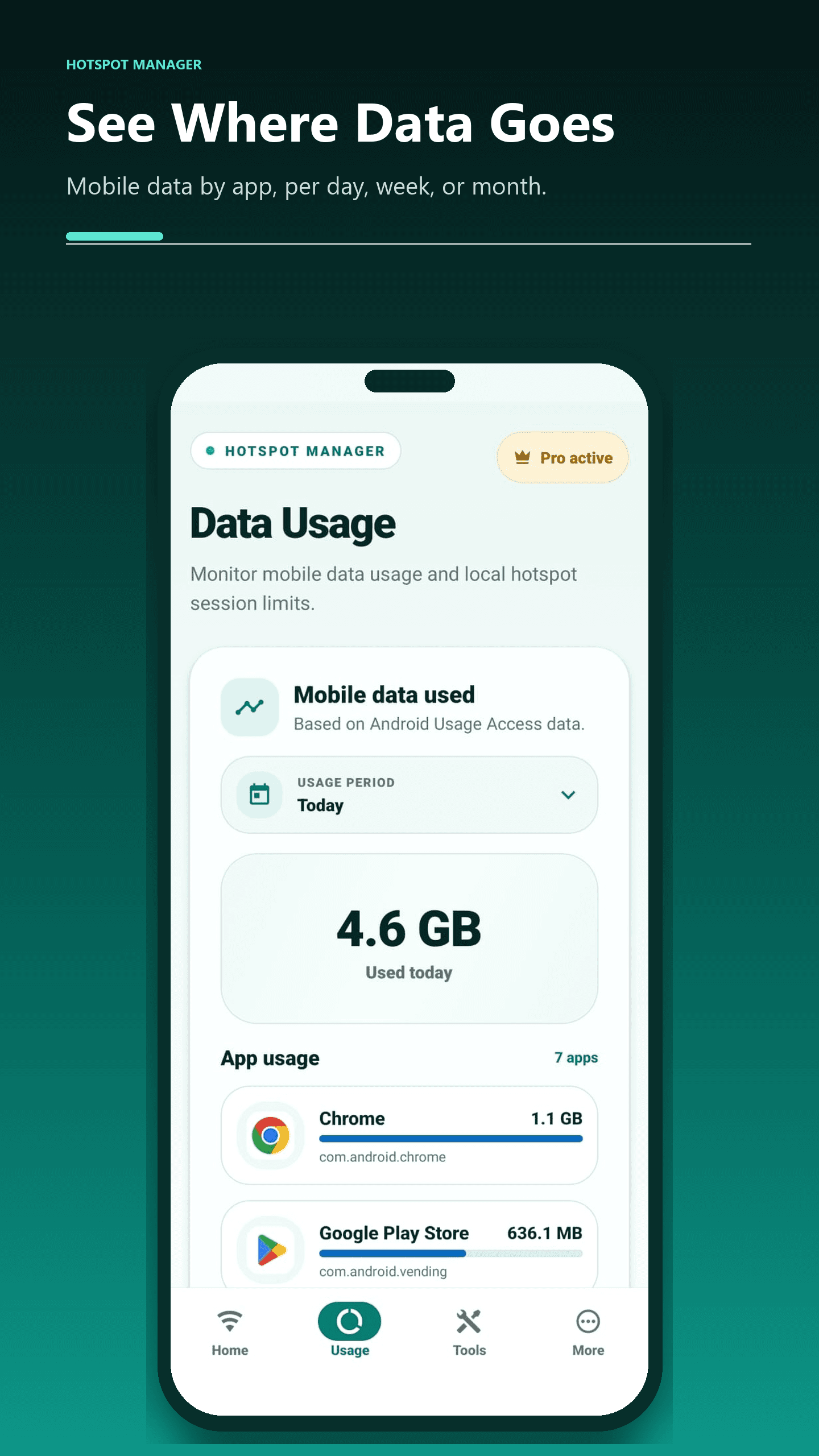 Hotspot Manager's data usage overview and session records.